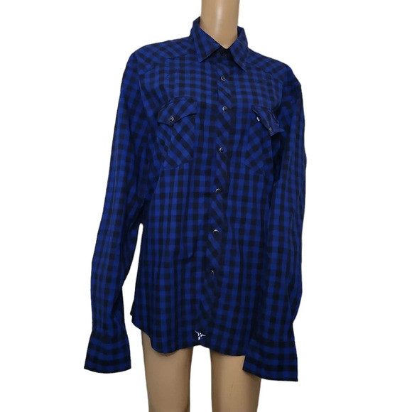Wrangler Mens L Long Sleeve Collared Button Down Shirt Blue Plaid - Picture 1 of 4